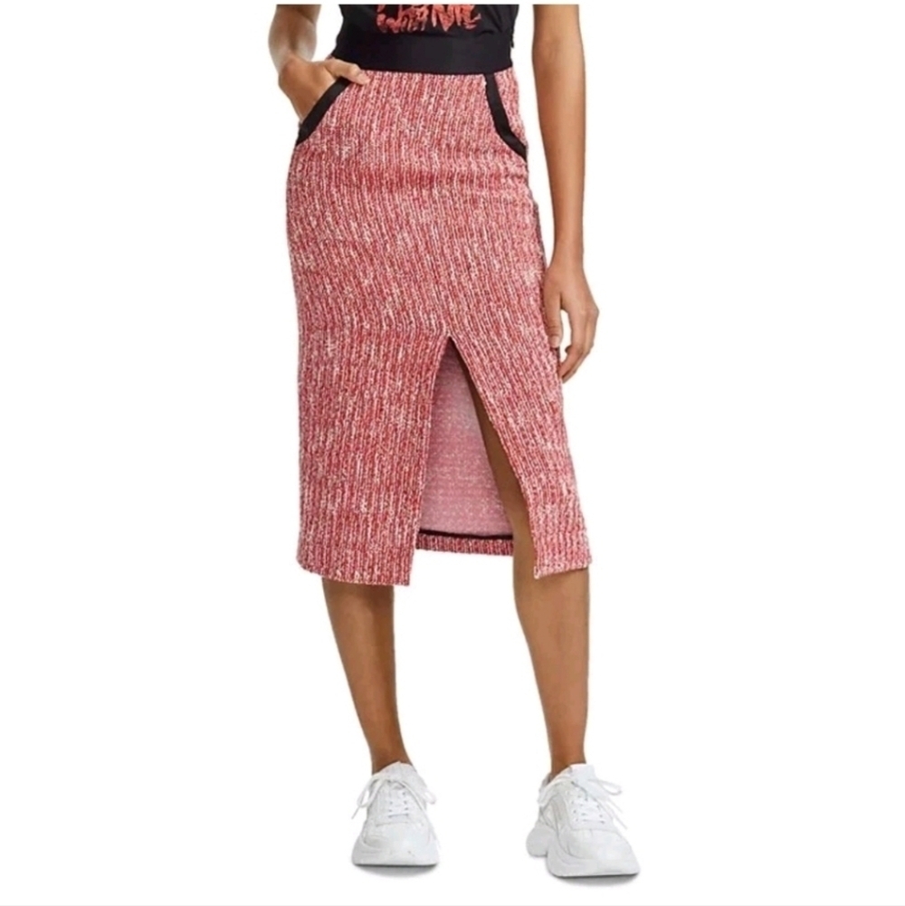 Maje Skirt Womens Medium 42 Jivor Tweed Pencil Midi Red White Pockets